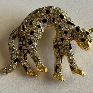Vintage Black Enamel and Rhinestone Leopard Brooch